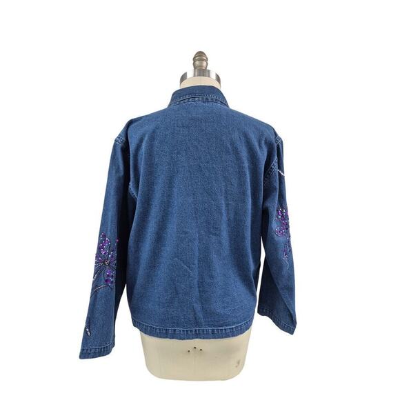 vtg y2k Tantrums Blue Denim Shirt Jacket Pockets Purple Sequined Embroidery M - Picture 4 of 5
